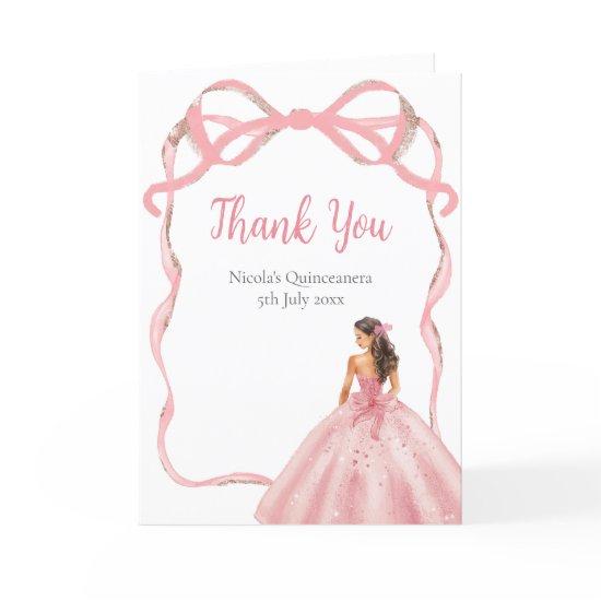 Ribbon Rose Pink and Silver Princess Quinceanera Thank You Card