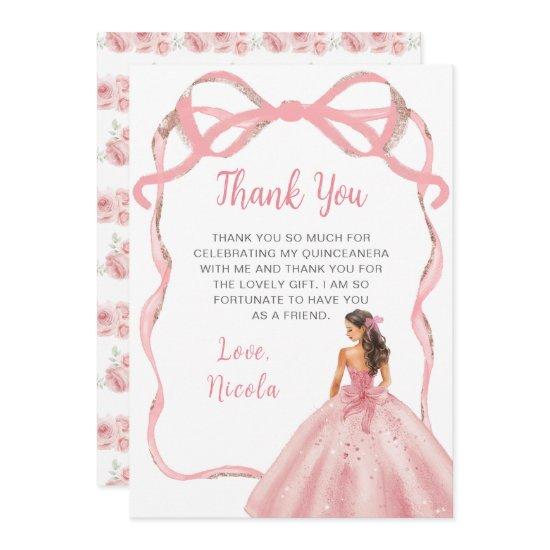 Ribbon Rose Pink and Silver Princess Quinceanera Thank You Card