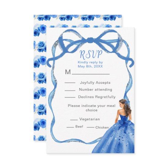 Ribbon Royal Blue and Silver Princess Quinceanera RSVP Card