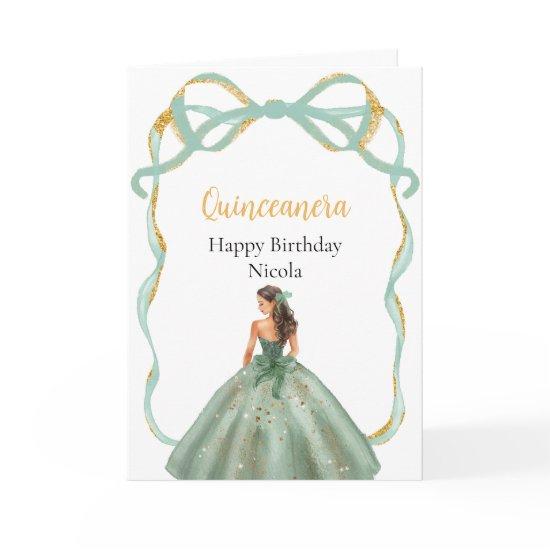 Ribbon Sage Green and Gold Princess Quinceanera Card