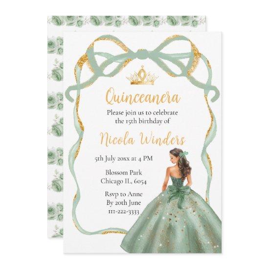 Ribbon Sage Green and Gold Princess Quinceanera