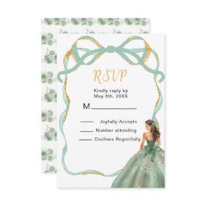Ribbon Sage Green and Gold Princess Quinceanera RSVP Card