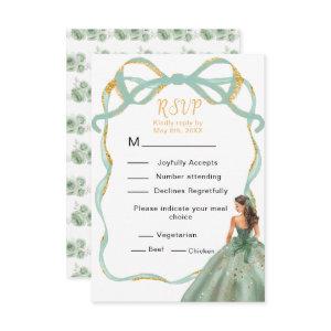 Ribbon Sage Green and Gold Princess Quinceanera RSVP Card