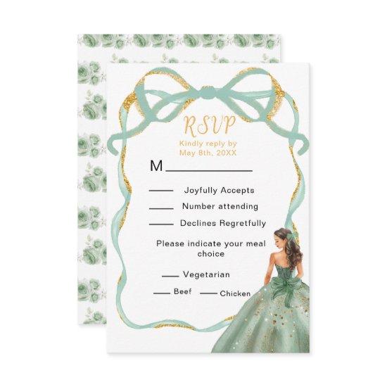 Ribbon Sage Green and Gold Princess Quinceanera RSVP Card