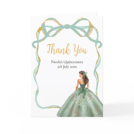 Ribbon Sage Green and Gold Princess Quinceanera Thank You Card