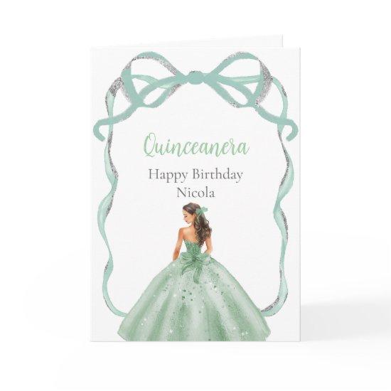 Ribbon Sage Green and Silver Princess Quinceanera Card