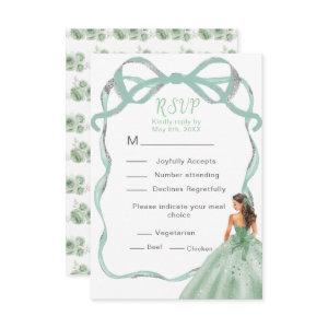 Ribbon Sage Green and Silver Princess Quinceanera RSVP Card