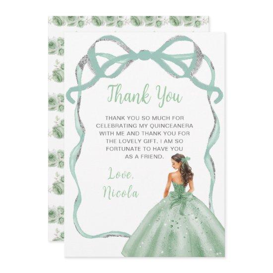Ribbon Sage Green and Silver Princess Quinceanera Thank You Card