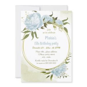 romantic blue floral gold wreath birthday party