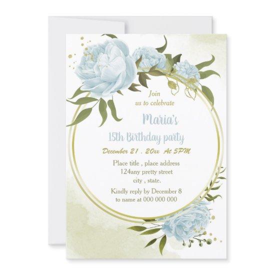 romantic blue floral gold wreath birthday party