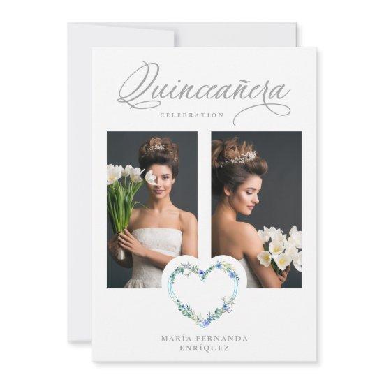 Romantic Blue Shades Floral Heart Photo XV años