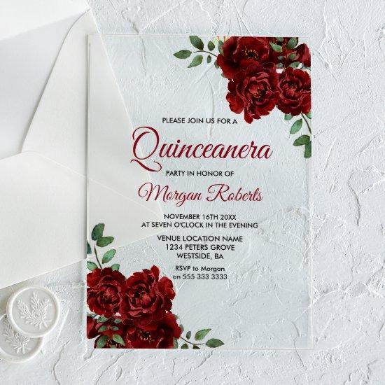 Romantic Burgundy Red Rose Quinceanera Invite Acrylic