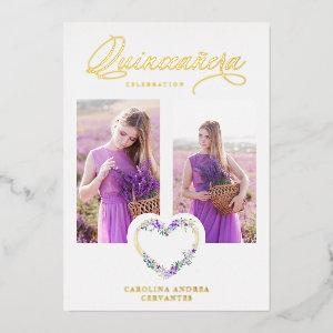 Romantic Lilac Shades Real Gold Floral Heart Photo Foil