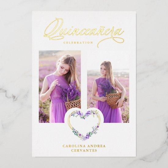 Romantic Lilac Shades Real Gold Floral Heart Photo Foil
