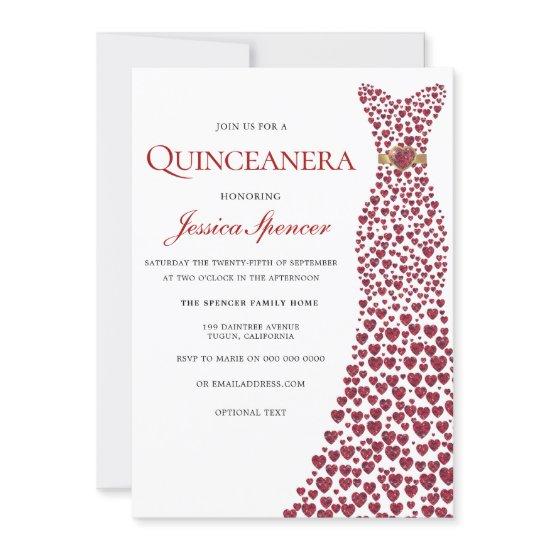 Romantic Red Love Heart Dress Quinceanera Invite