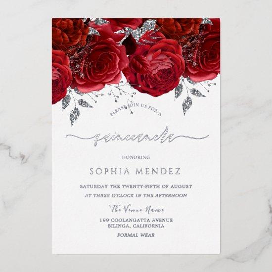 Romantic Red Rose Quinceanera SIlver Foil