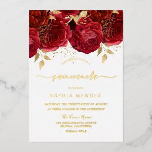 Romantic Red Roses Elegant Quinceanera Party Gold Foil