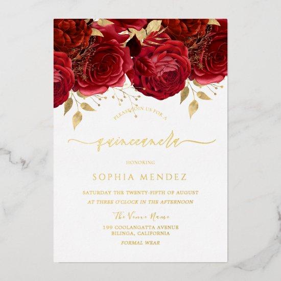 Romantic Red Roses Elegant Quinceanera Party Gold Foil