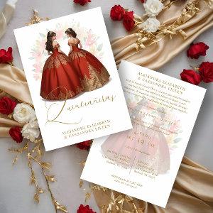 Romantic Spanish Quinceañera Twins Red & Golden