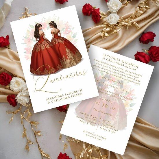 Romantic Spanish Quinceañera Twins Red & Golden
