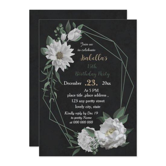 romantic white flowers botanical black birthday