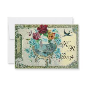 ROMANTİCA 3 FLORAL WEDDING MONOGRAM RSVP,metallic RSVP Card
