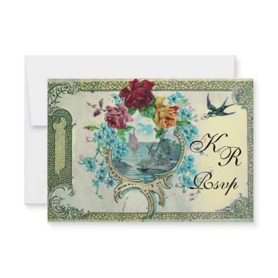 ROMANTİCA 3 FLORAL WEDDING MONOGRAM RSVP,metallic RSVP Card