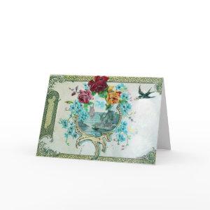 ROMANTICA,BLUE PINK FLORAL ROSES WITH SWALLOW HOLIDAY CARD