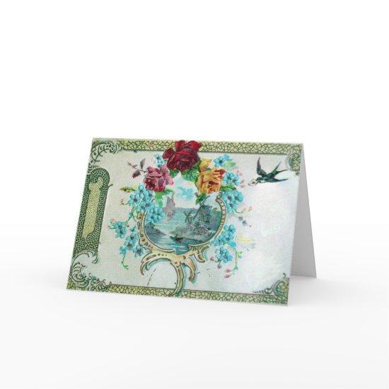 ROMANTICA,BLUE PINK FLORAL ROSES WITH SWALLOW HOLIDAY CARD