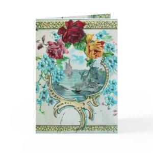 ROMANTICA,BLUE PINK FLORAL ROSES WITH SWALLOW HOLIDAY CARD