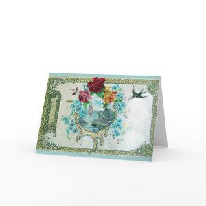 ROMANTICA,BLUE PINK FLORAL ROSES WITH SWALLOW HOLIDAY CARD