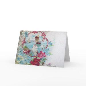 ROMANTICA,BLUE RED PINK FLORAL ROSES WHITE DOVE HOLIDAY CARD