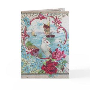 ROMANTICA,BLUE RED PINK FLORAL ROSES WHITE DOVE HOLIDAY CARD