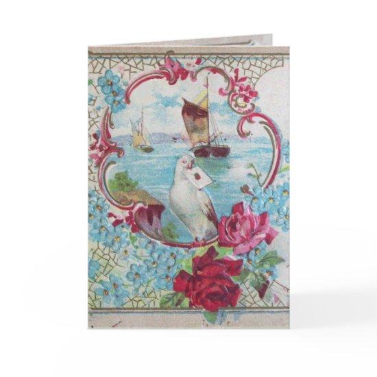 ROMANTICA,BLUE RED PINK FLORAL ROSES WHITE DOVE HOLIDAY CARD