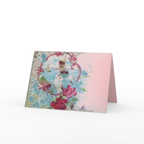 ROMANTICA,BLUE RED PINK FLORAL ROSES WITH DOVE HOLIDAY CARD