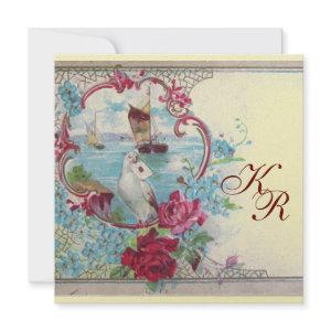 ROMANTİCA  MONOGRAM Teal Blue Gold Wedding Announcement