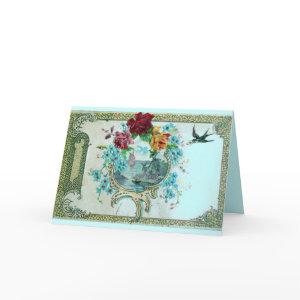 ROMANTICA,TEAL BLUE PINK FLORAL ROSES WITH SWALLOW HOLIDAY CARD