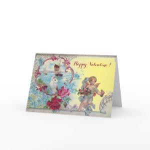 ROMANTICA /VALENTINE CUPID GATHERING PINK ROSES HOLIDAY CARD
