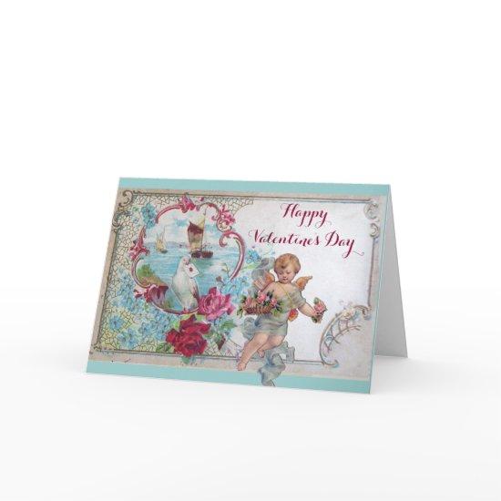ROMANTICA /VALENTINE CUPID GATHERING PINK ROSES HOLIDAY CARD
