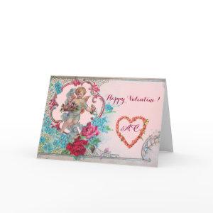 ROMANTICA /VALENTINE CUPID GATHERING PINK ROSES HOLIDAY CARD