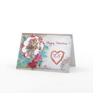 ROMANTICA /VALENTINE CUPID GATHERING PINK ROSES HOLIDAY CARD
