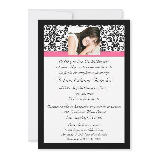 Rosa y negro del damasco de Quinceanera Fushcia
