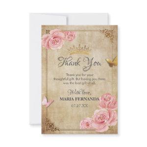 Rose Blush Pink Butterfly Crown Gold Quinceanera Thank You Card