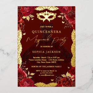 Rose Dress Masquerade Party Red Gold Quinceanera  Foil