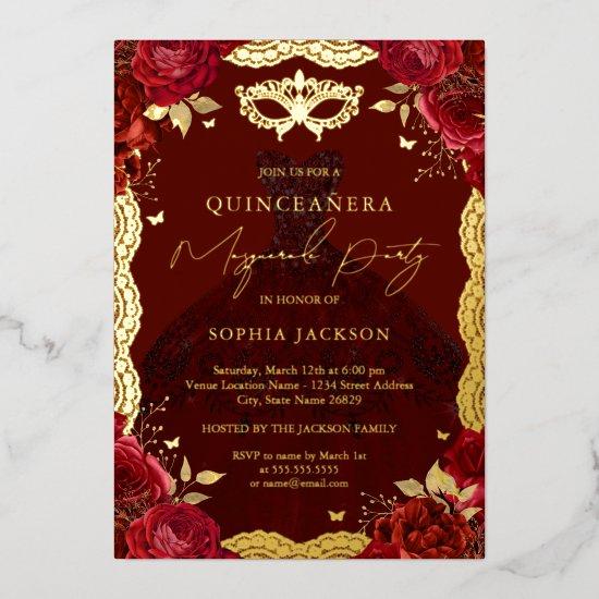 Rose Dress Masquerade Party Red Gold Quinceanera  Foil