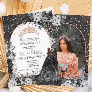 Rose gold black floral tiara princess Quinceanera
