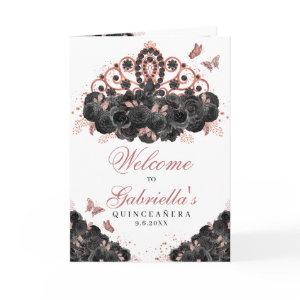 Rose Gold & Black Floral Tiara Quinceanera Program