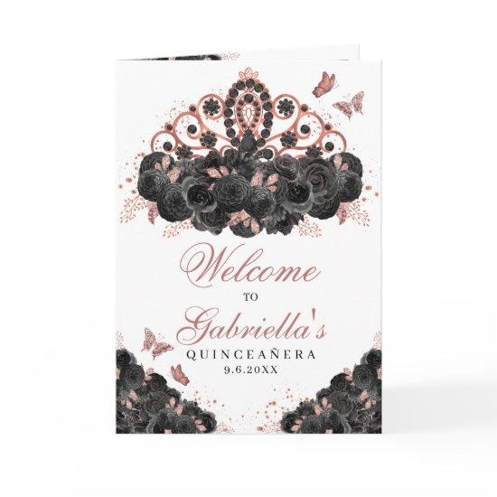 Rose Gold & Black Floral Tiara Quinceanera Program