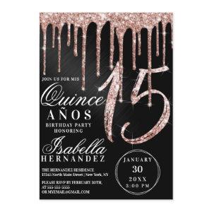 Rose Gold Black Metallic Glitter Drips Quinceañera