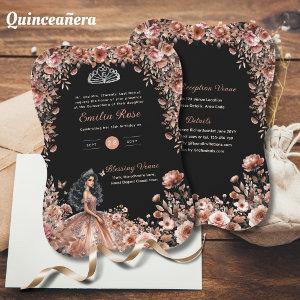 Rose Gold Black Quinceanera Dress Floral Roses
